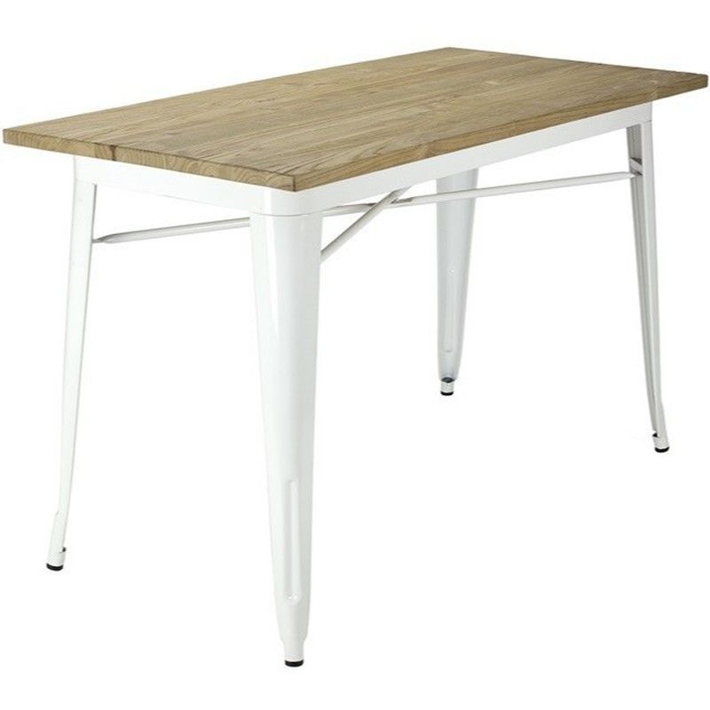 Mesa de Comedor de Madera Maciza de Olmo y Acero Blanco 120x80x76 cm