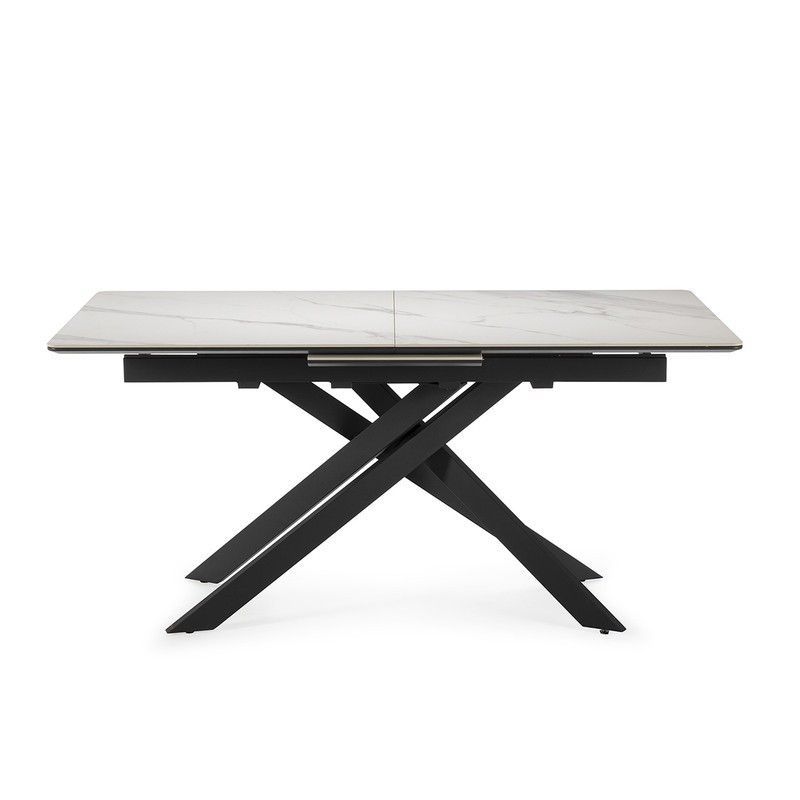 Mesa de comedor extensible, 160-200 x 89,5 x 76 cm, de piedra sintetizada y metal en blanco y negro | Colección Belma