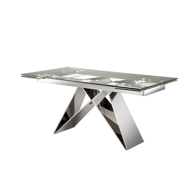 Mesa de Comedor Extensible de Cristal y Acero Inoxidable Mika, 160/220x90x75cm