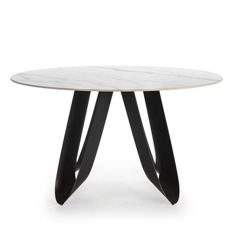 Mesa de comedor redonda, 135 x 135 x 76 cm, de piedra sintetizada y metal en blanco y negro | Colección Aila