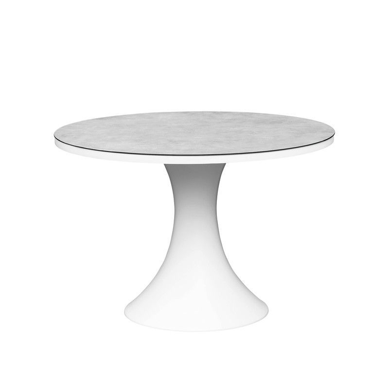 Mesa de comedor redonda de exterior de aluminio y cristal en blanco y gris claro, 110 x 110 x 75 cm | Jenner