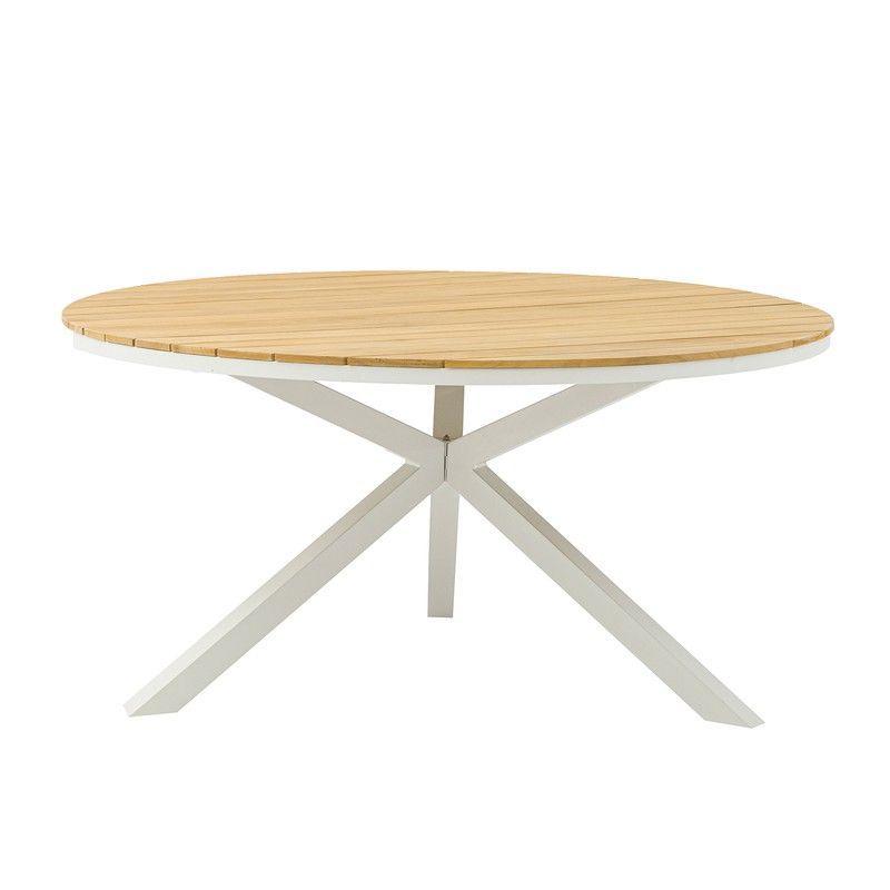 Mesa de comedor redonda de exterior de aluminio y madera de teka en blanco y natural, 150 x 150 x 75 cm | Sydney