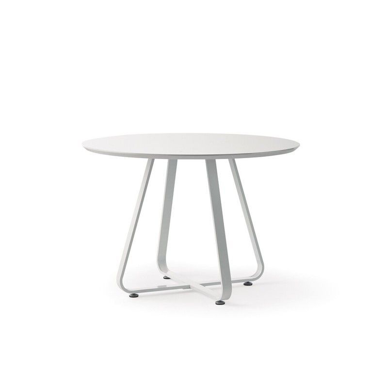 Mesa de comedor redonda de madera lacada con patas de metal blanca, Ø110x75 cm