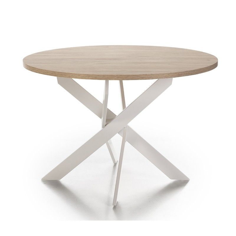 Mesa de comedor redonda de madera y metal en natural y blanco, 120 x 120 x 77 cm | Ther