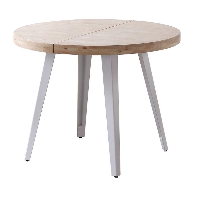 Mesa de comedor redonda extensible de madera de roble y metal en natural y blanco, 120 - 160 - 200  x 120 x 76 cm | Berg