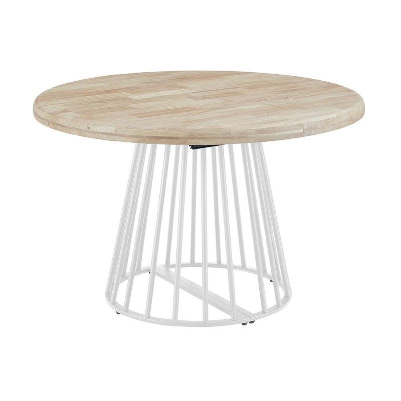 Mesa de comedor redonda extensible de madera de roble y metal en natural y blanco, 120 - 160 - 200 x 120 x 76 cm | Brad