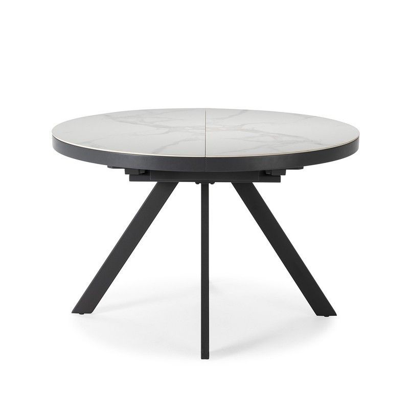 Mesa de comedor redonda extensible de piedra sintetizada y DM en blanco y negro, 120-160 x 120 x 76 cm | Bela