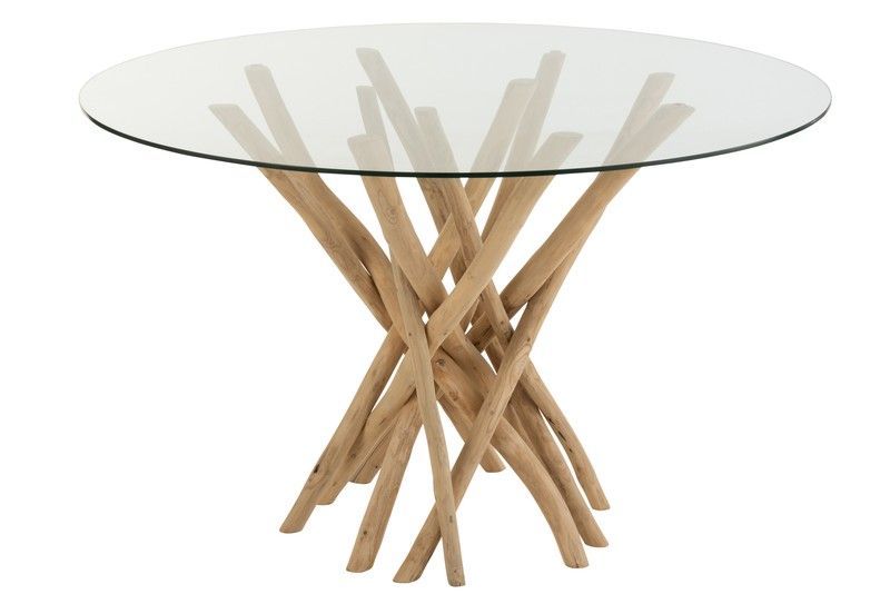 Mesa de Comedor TECK de Ramas y Vidrio Natural/Transparente, Ø120x75 cm