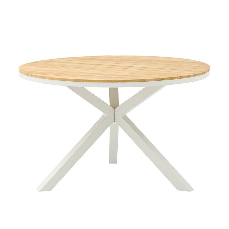 Mesa redonda de comedor exterior de aluminio y madera de teka en blanco y natural, 120 x 120 x 75 cm | Sydney