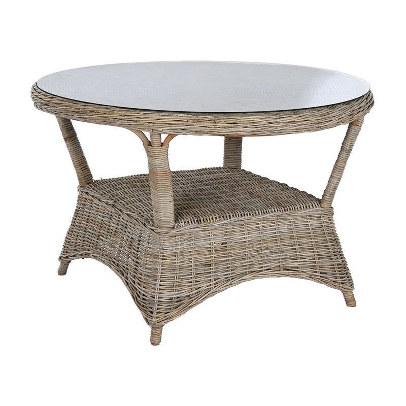 Mesa redonda de comedor para jardín de ratán y cristal templado en natural, 120 x 120 x 82 cm | Indonesia