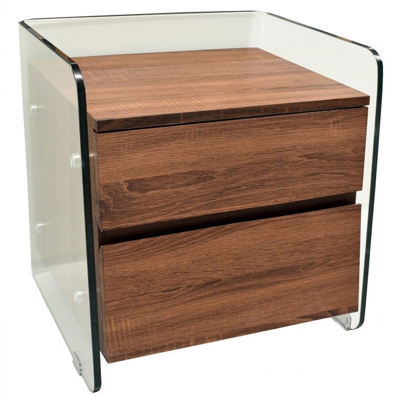 Mesita de Noche Sebas de Madera y Cristal Curvado Natural/Transparente, 50x43x50 cm