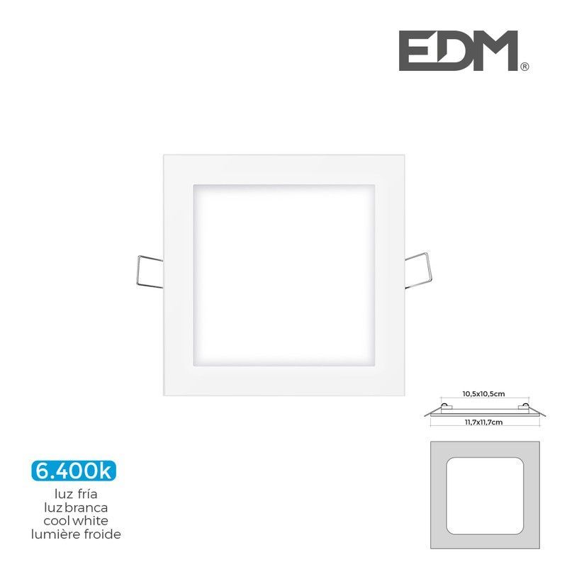 Mini downlight led edm 6w 320 lumen cuadrado 12cm 6.400k marco blanco