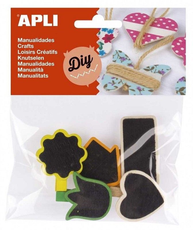 Mini pinzas madera formas con acabado pizarra 5 und.