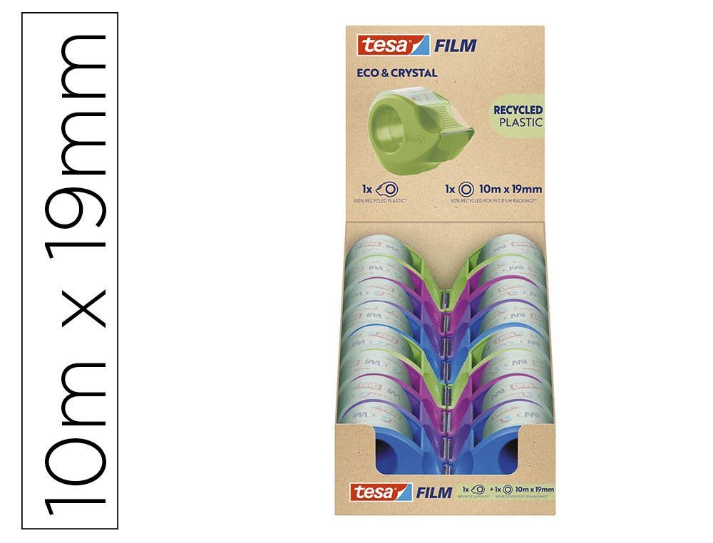 Miniportarrollo tesa film eco&cristal con 1 cinta 10 m x 19 mm colores surtidos