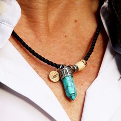 MN024X Collar Carracedo PLATA DE PALO de hombre cuero trenzado y turquesa