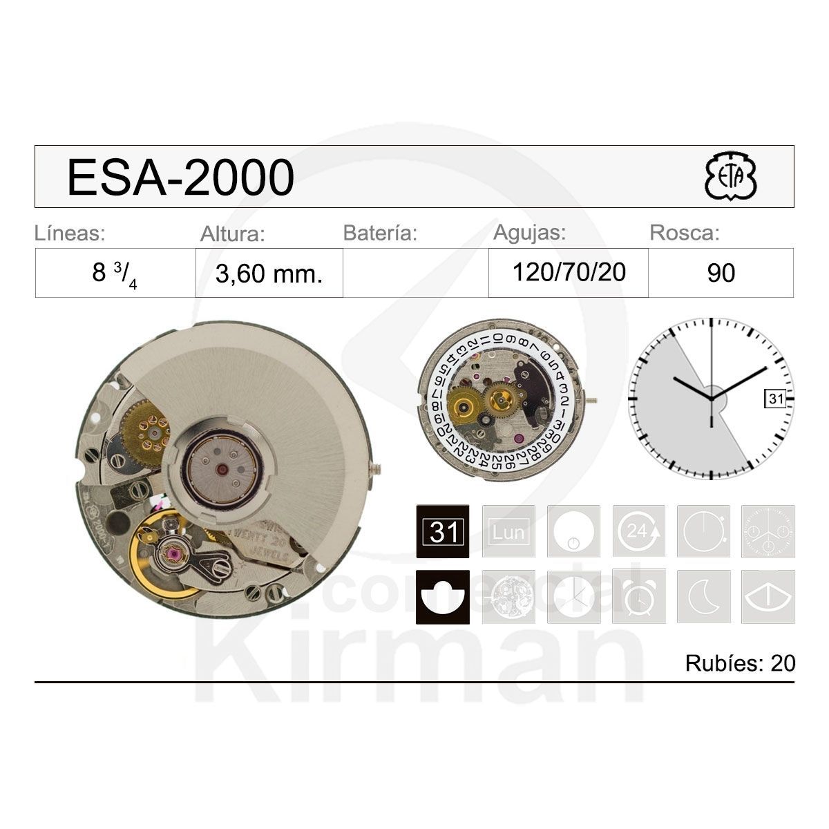 Movimiento Reloj Automático ETA ESA-2000