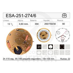 Movimiento Reloj Cuarzo ETA ESA-251-274/6 Calendario 6h