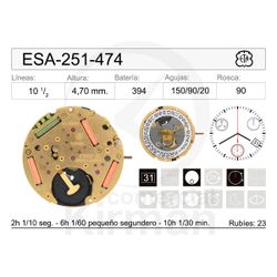 Movimiento Reloj Cuarzo ETA ESA-251-474 Calendario 4H