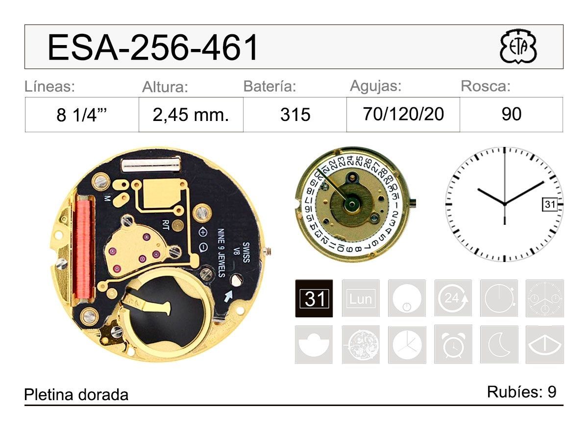 Movimiento Reloj Cuarzo ETA ESA-256-461 Calendario 3H