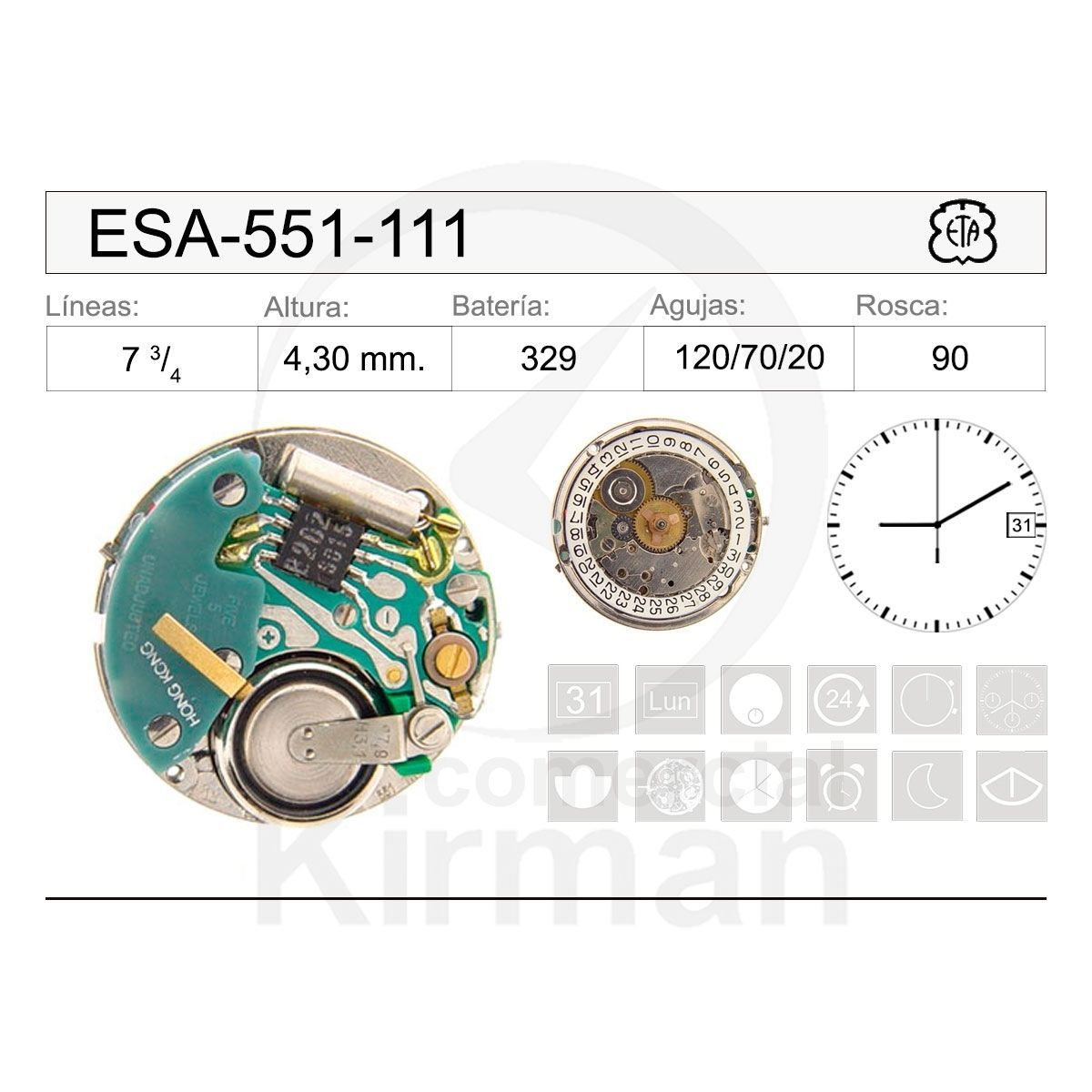 Movimiento Reloj Cuarzo ETA ESA-551-111 Calendario 3h