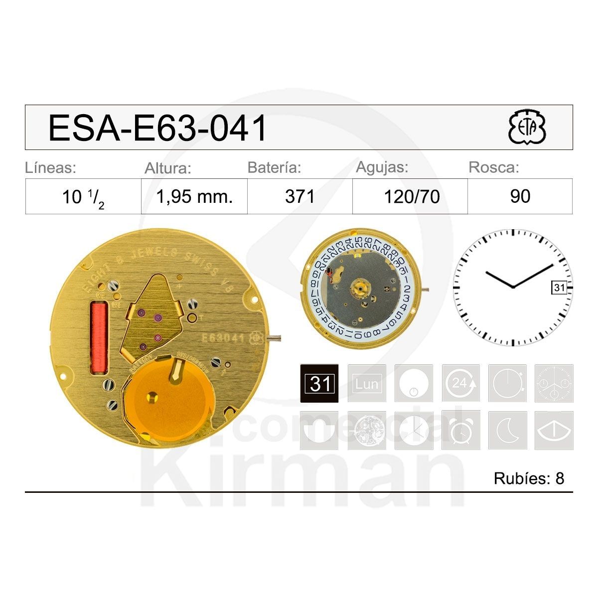 Movimiento Reloj Cuarzo ETA ESA-E63-041 Calendario 3H