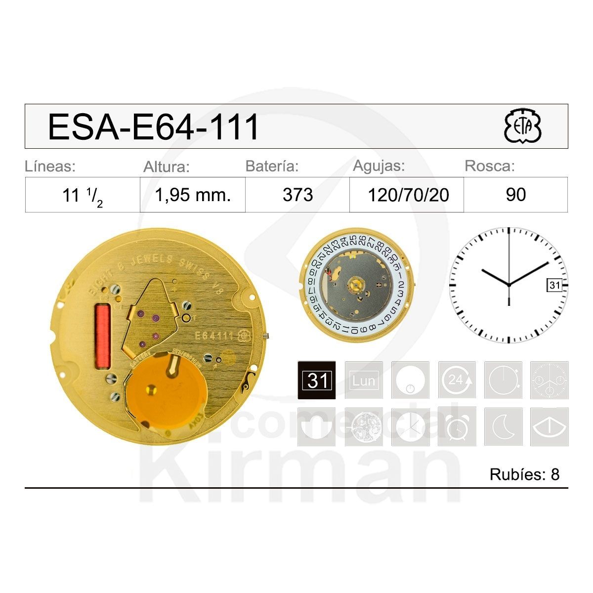 Movimiento Reloj Cuarzo ETA ESA-E64-111 Calendario 3H