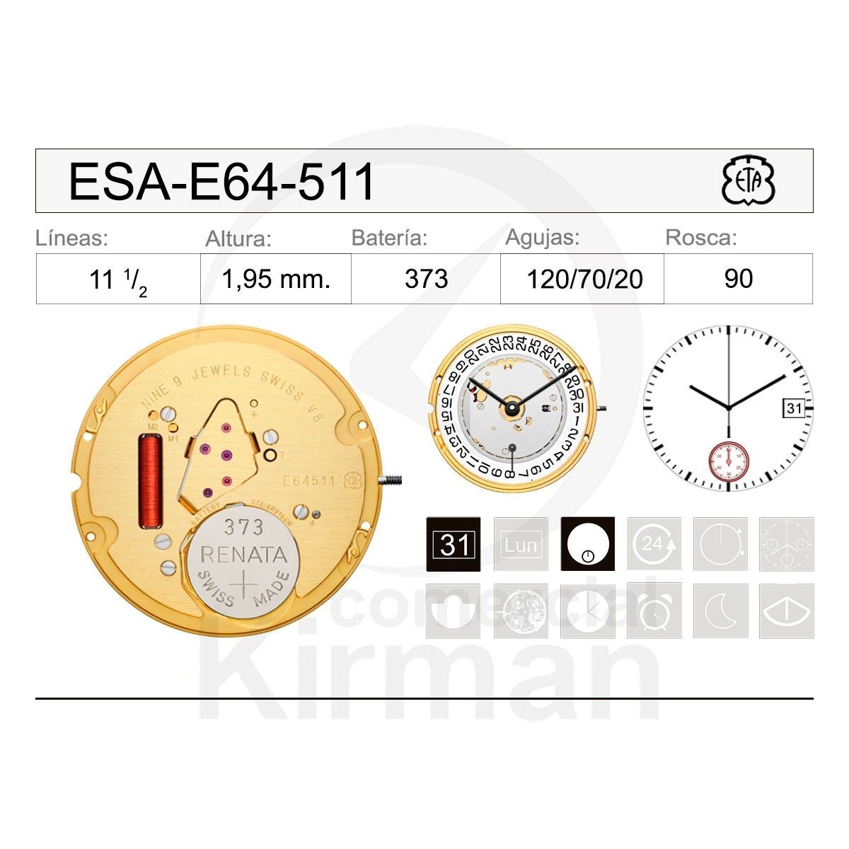 Movimiento Reloj Cuarzo ETA ESA-E64-511 Calendario 3H