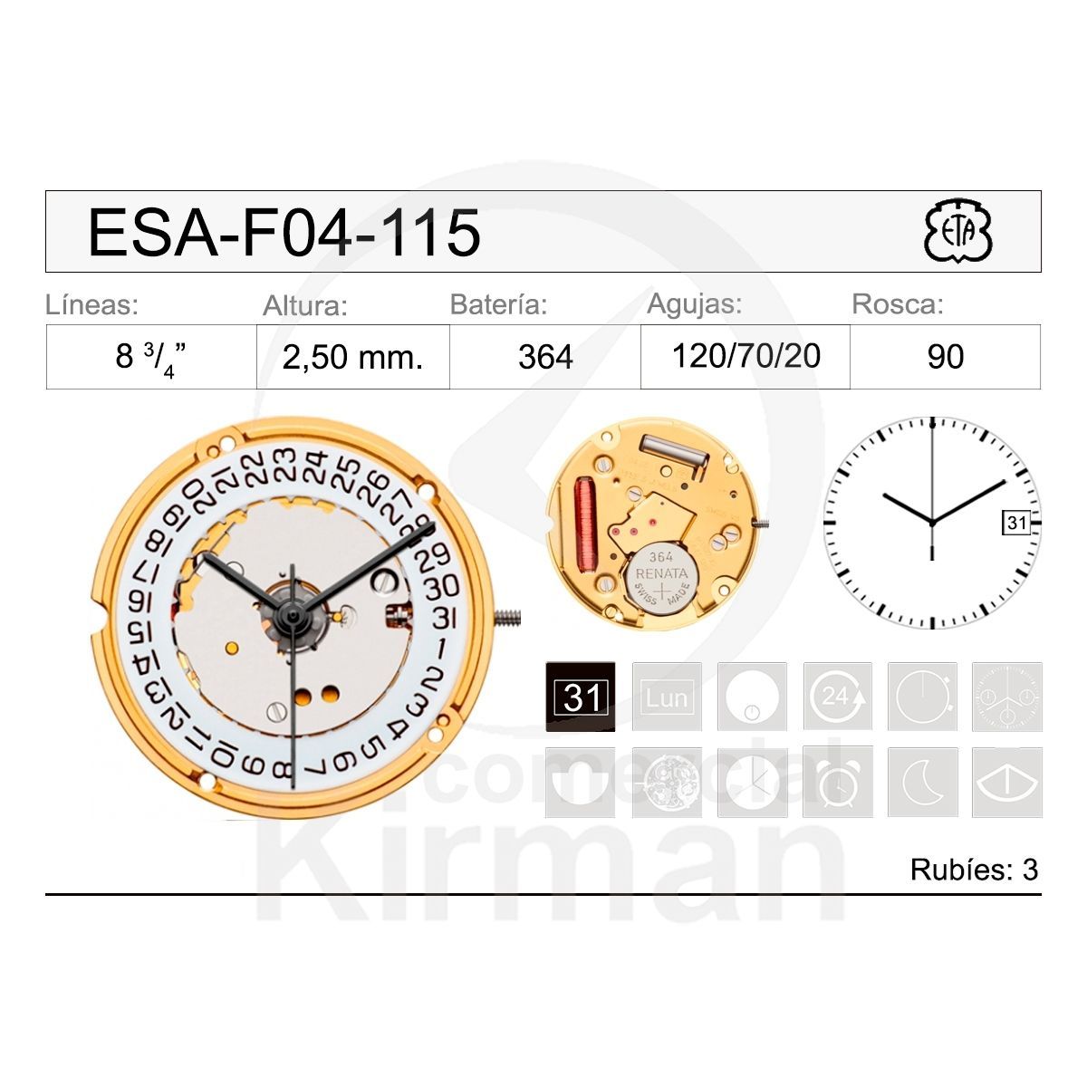 Movimiento Reloj Cuarzo ETA ESA-F04-115 Calendario 3H