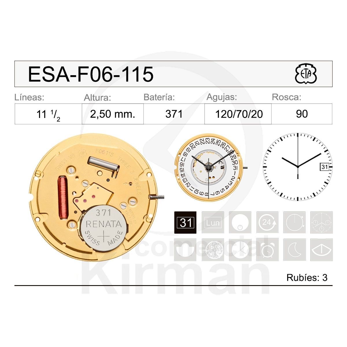 Movimiento Reloj Cuarzo ETA ESA-F06-115 Calendario 3H