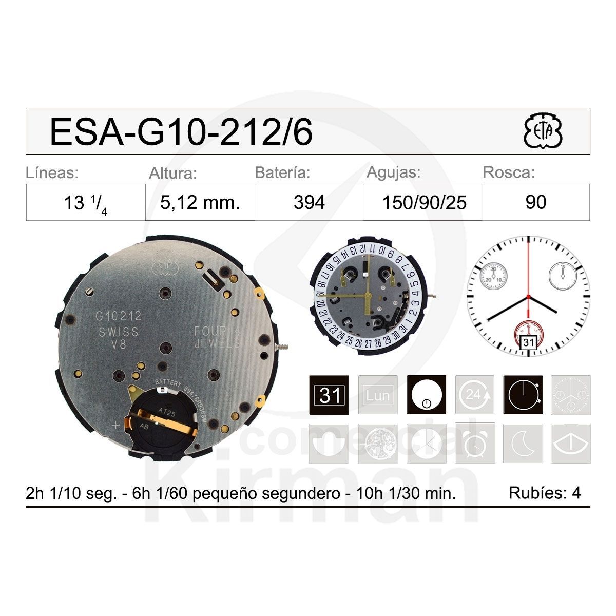 Movimiento Reloj Cuarzo ETA ESA-G10-212/6 Calendario 6H