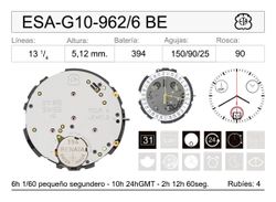 Movimiento Reloj Cuarzo ETA ESA-G10-962/6 GMT Calendario 6H