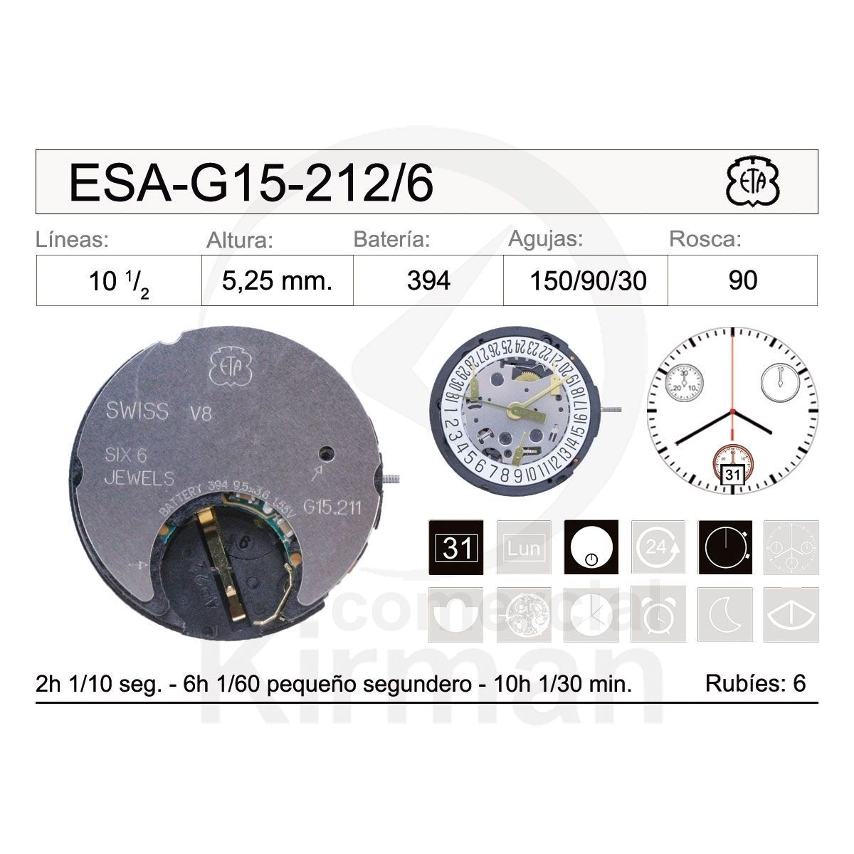 Movimiento Reloj Cuarzo ETA ESA-G15-212/6 Calendario 6H