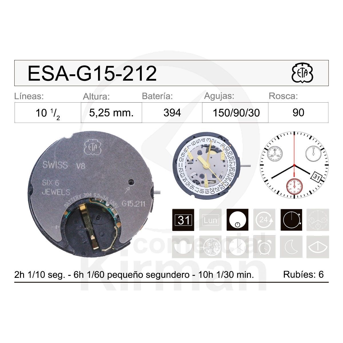 Movimiento Reloj Cuarzo ETA ESA-G15-212 Calendario 4H