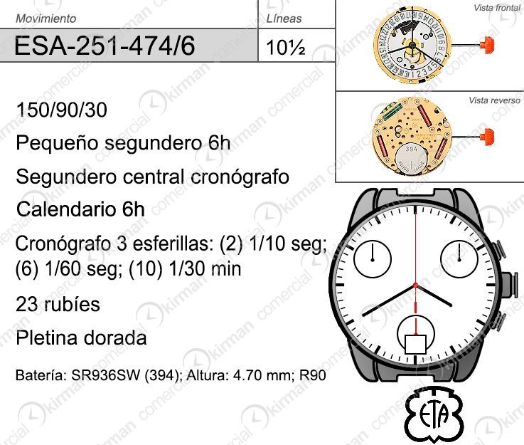 Movimiento Reloj Cuerzo ETA ESA-251-474/6 Calendario 6H