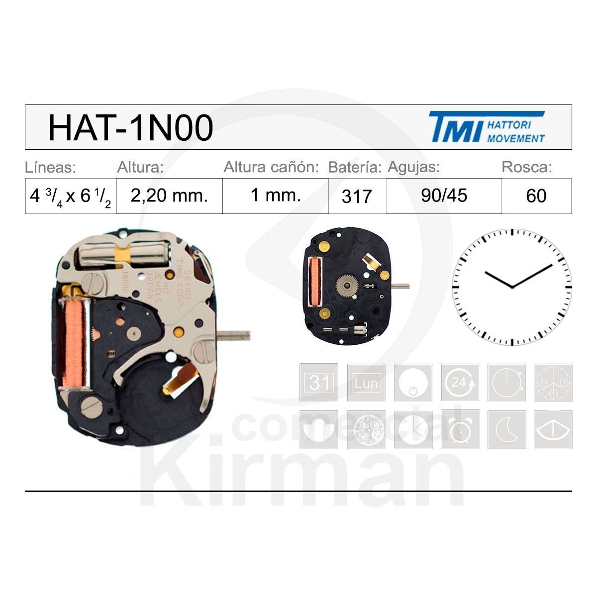 Movimiento Reloj Hattori Cuarzo HAT-1N00 dos agujas