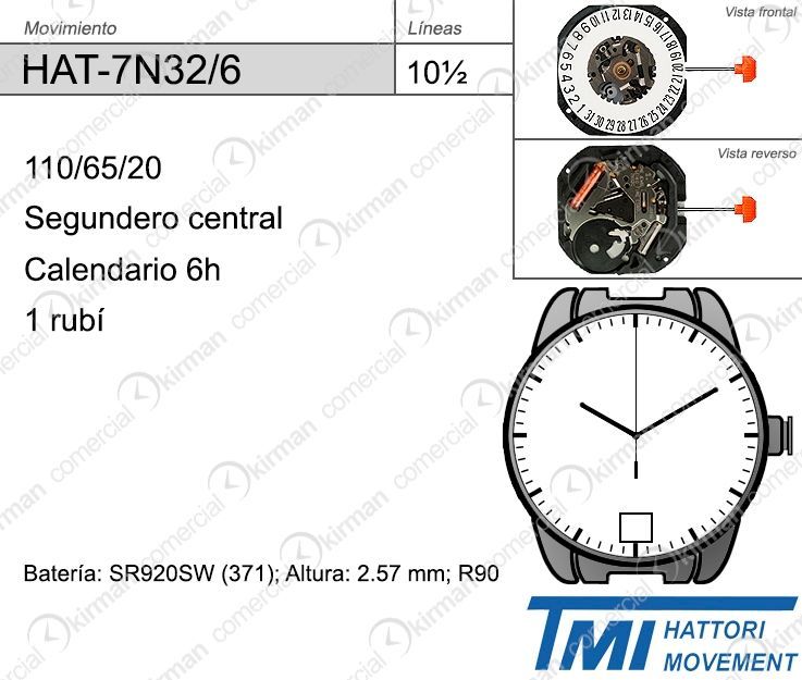 Movimiento Reloj Hattori Cuarzo HAT-7N32/6 Calendario 6H