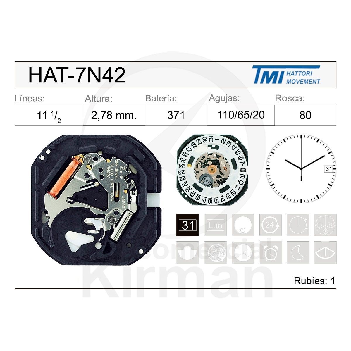 Movimiento Reloj Hattori Cuarzo HAT-7N42 con calendario a las 3H