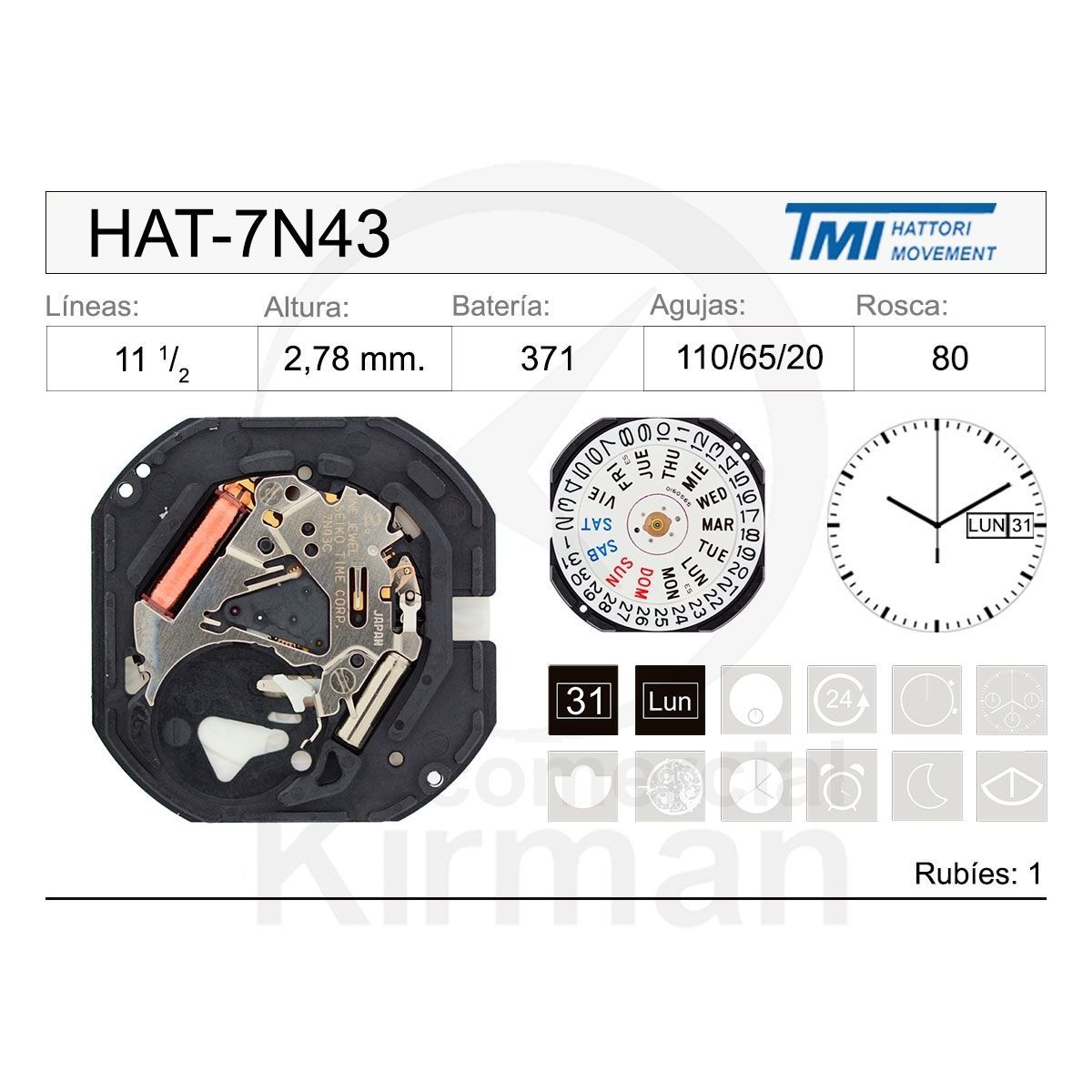 Movimiento Reloj Hattori Cuarzo HAT-7N43 con calendario a las 3H