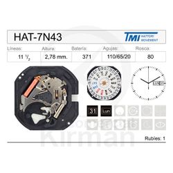 Movimiento Reloj Hattori Cuarzo HAT-7N43 con calendario a las 3H