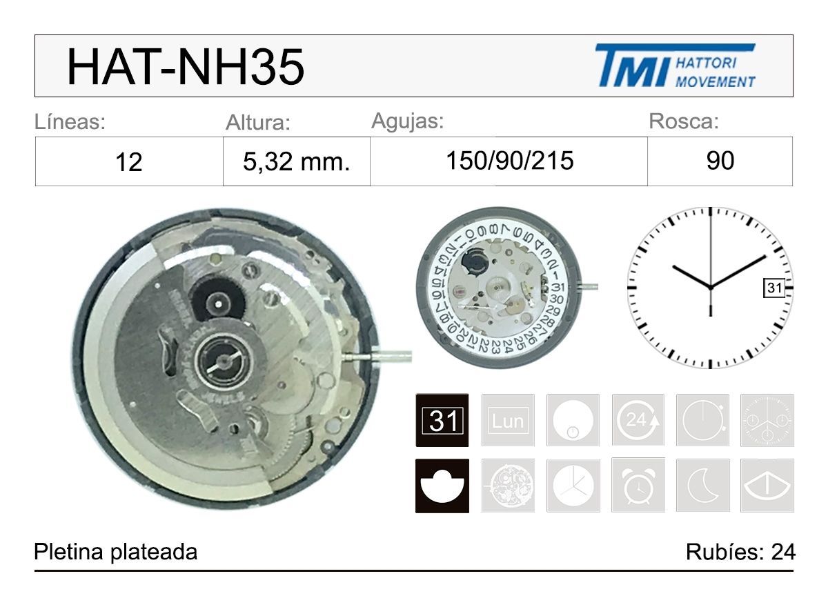 Movimiento Reloj Hattori Cuarzo HAT-NH35 Calendario 3H