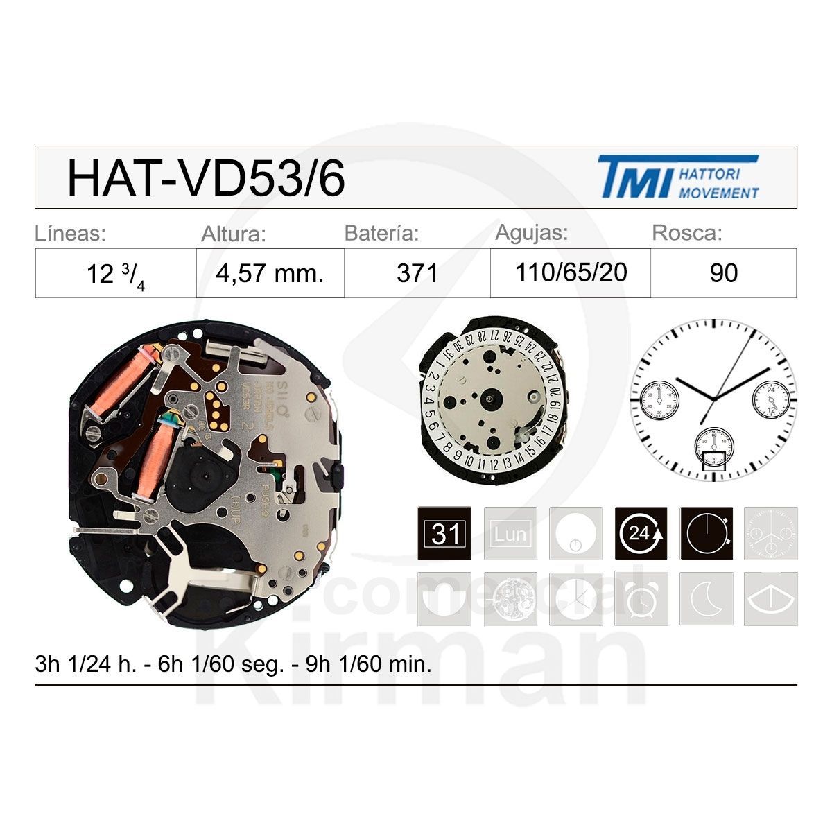 Movimiento Reloj Hattori Cuarzo HAT-VD53/6 Calendario 6H
