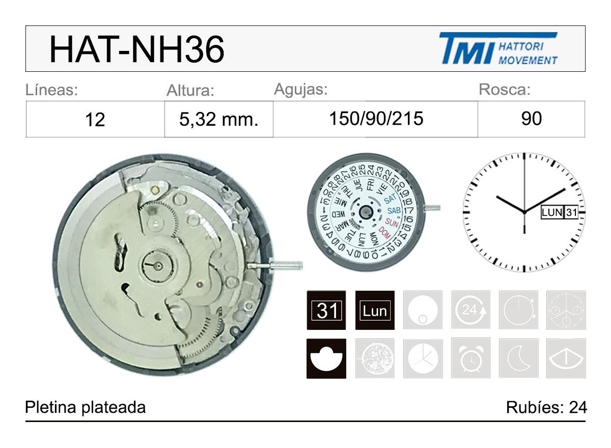 Movimiento Reloj Hattori HAT-NH36 Automático Doble Calendario 3H