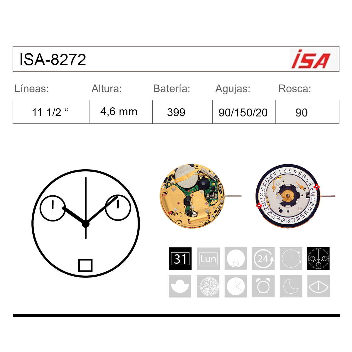 Movimiento Reloj Isa Cuarzo ISA-8272 Fase Lunar Calendario 6H