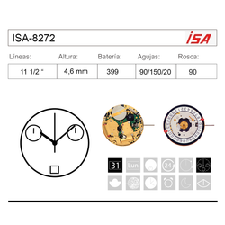 Movimiento Reloj Isa Cuarzo ISA-8272 Fase Lunar Calendario 6H