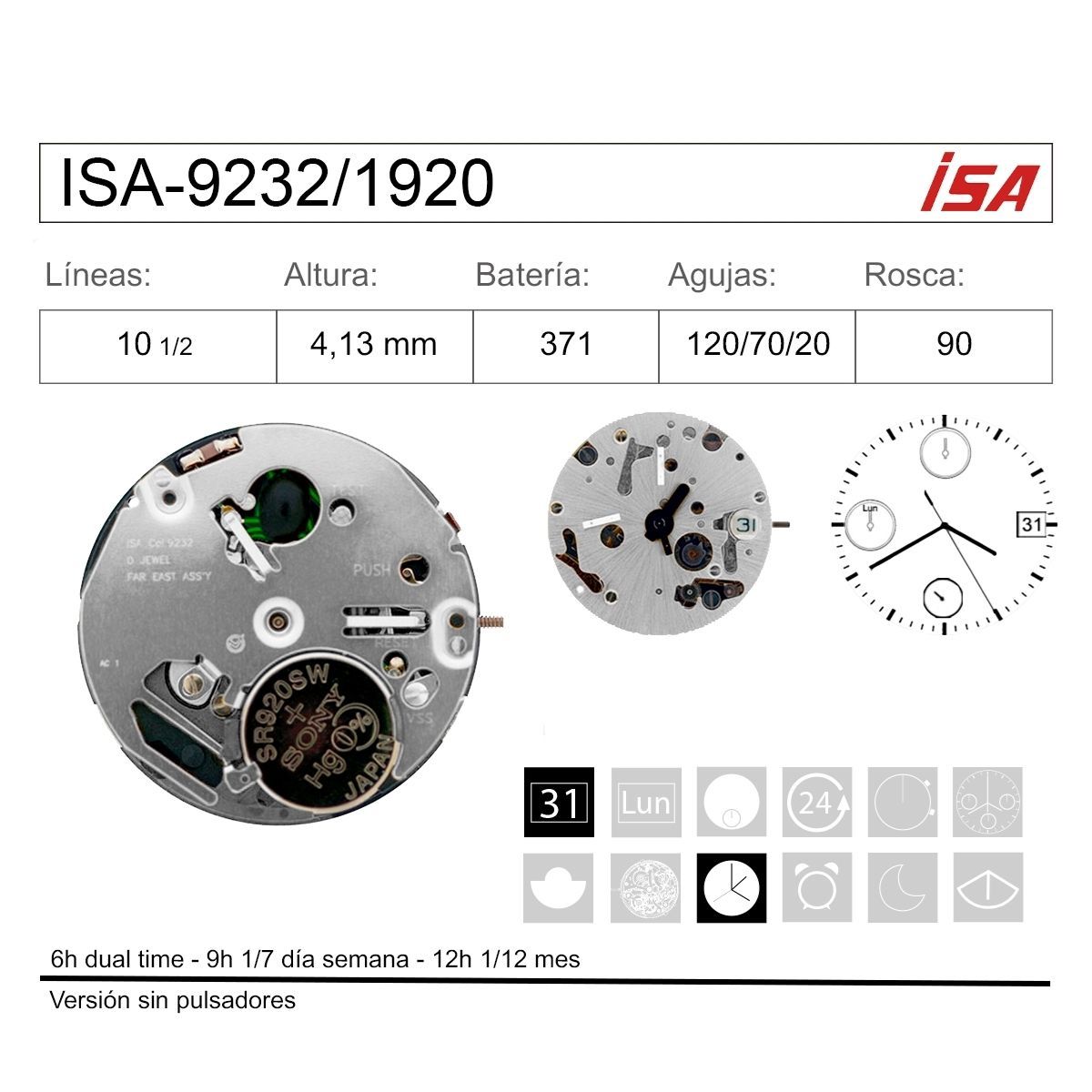 Movimiento Reloj Isa Cuarzo ISA-9232/1920 Calendario 3H