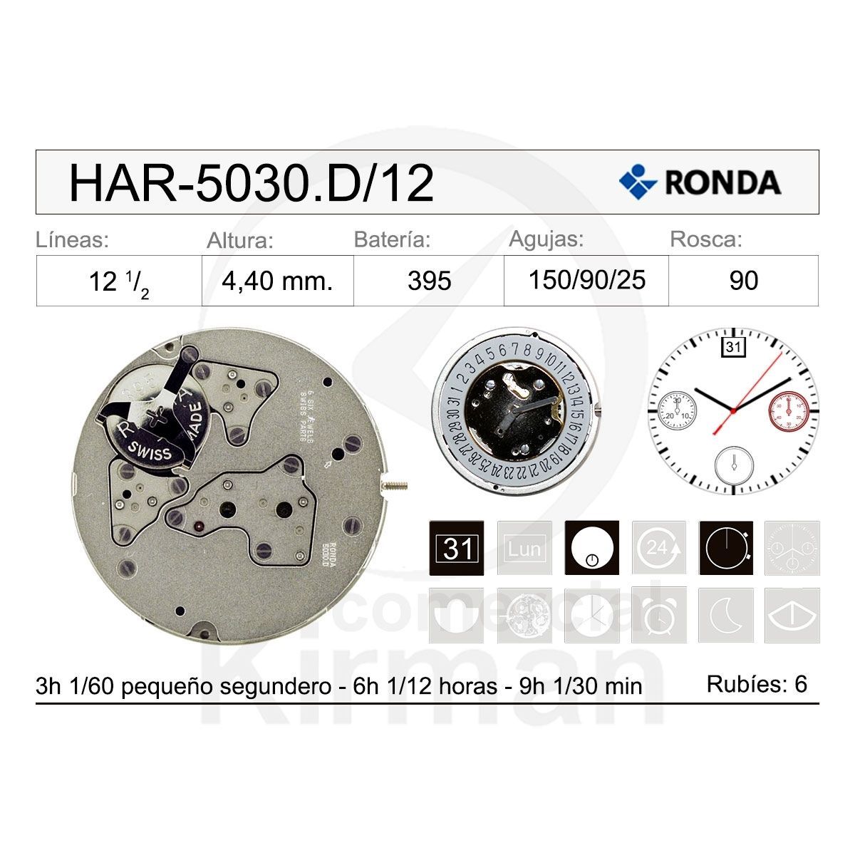 Movimiento Reloj Ronda Cuarzo AR-5030.D/12 Calendario 12H