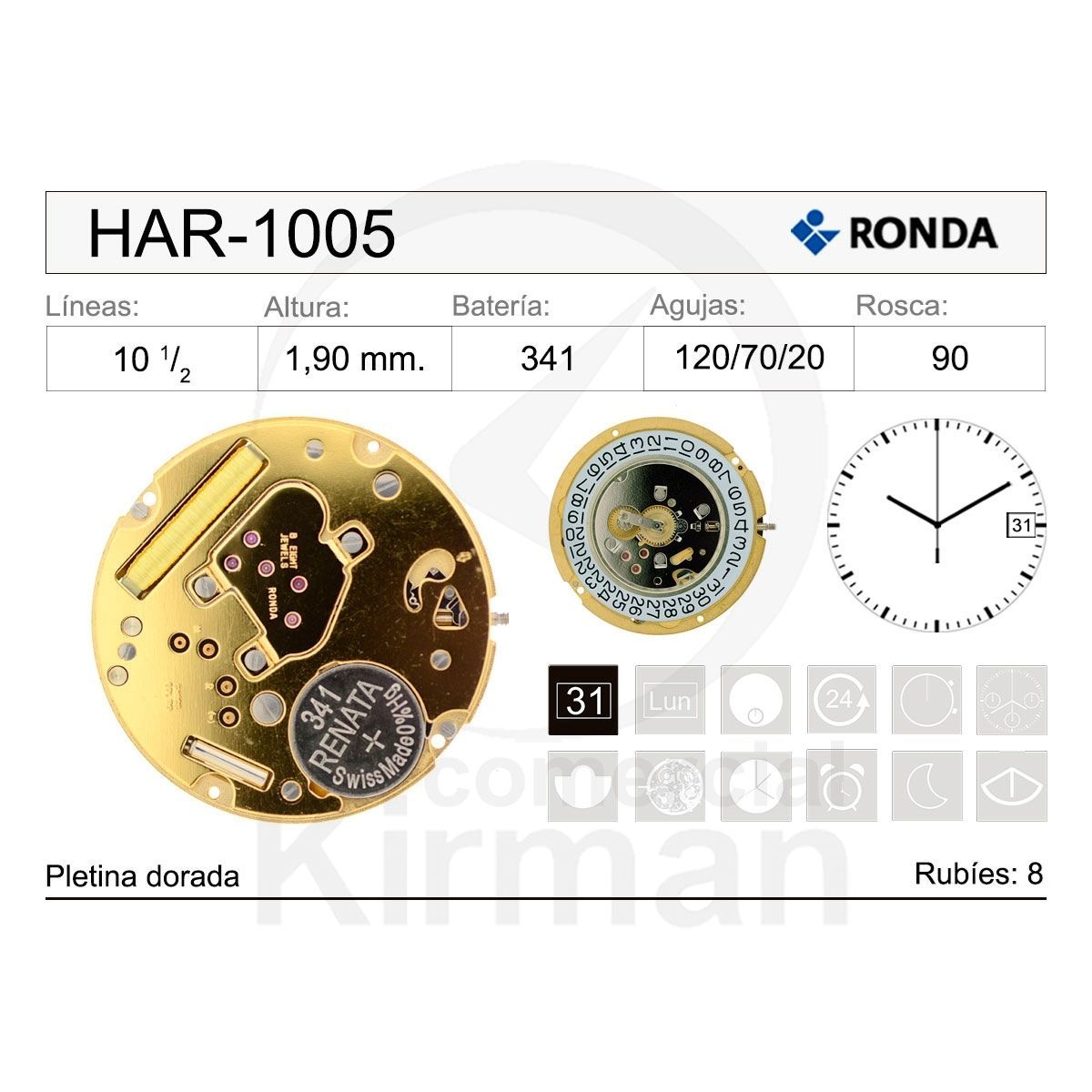 Movimiento Reloj Ronda Cuarzo HAR-1005 Calendario 3H