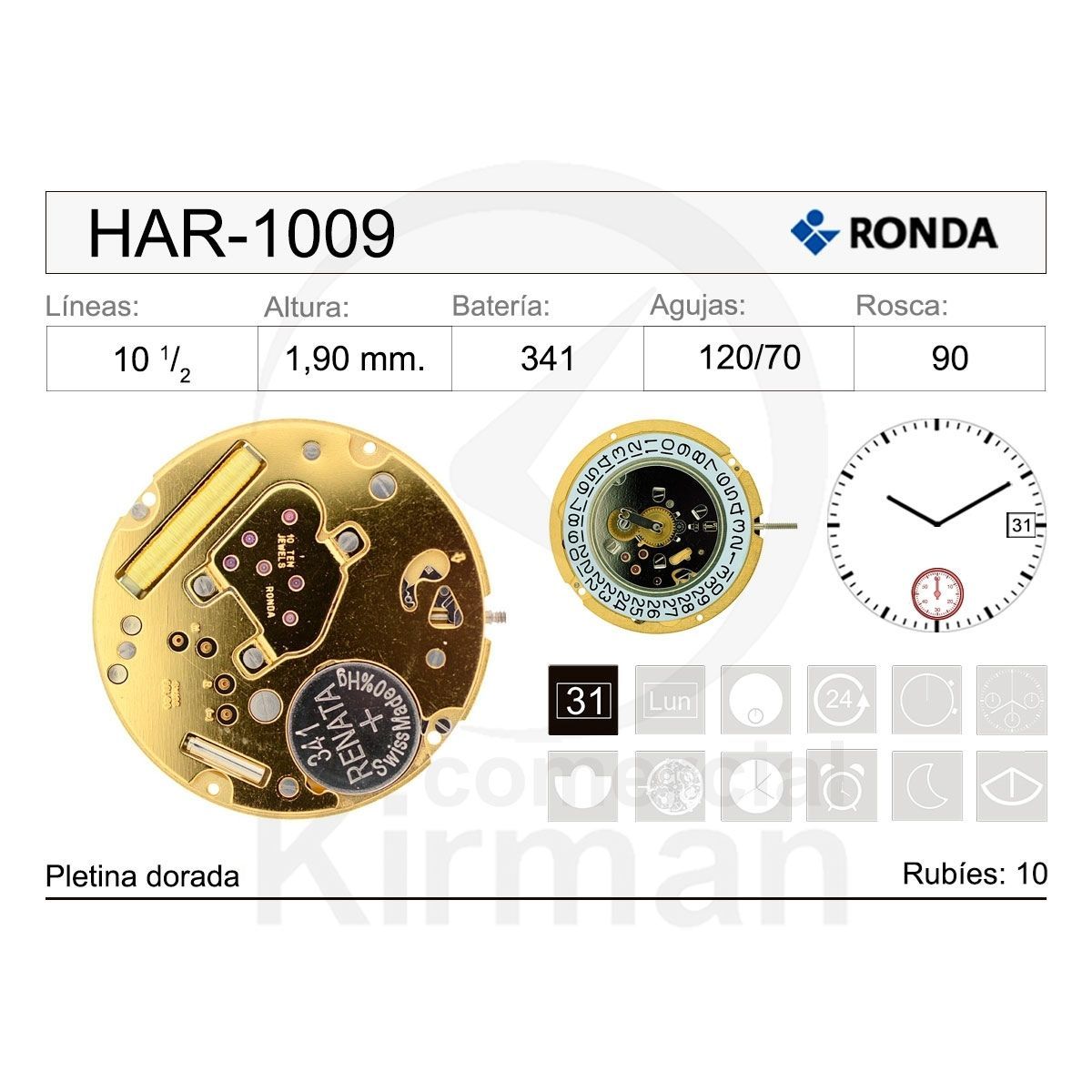 Movimiento Reloj Ronda Cuarzo HAR-1009 Calendario 3H