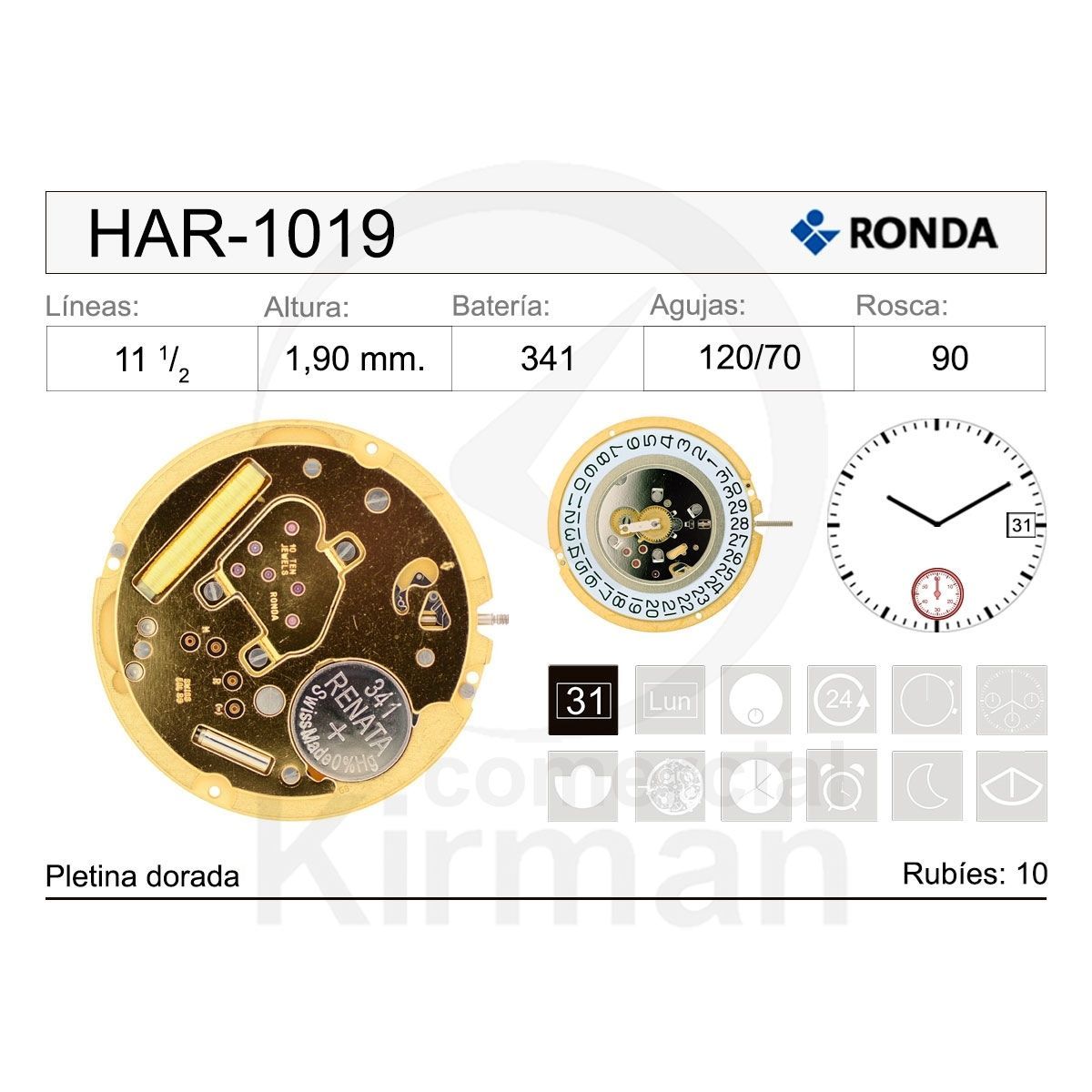 Movimiento Reloj Ronda Cuarzo HAR-1019 Calendario 3H