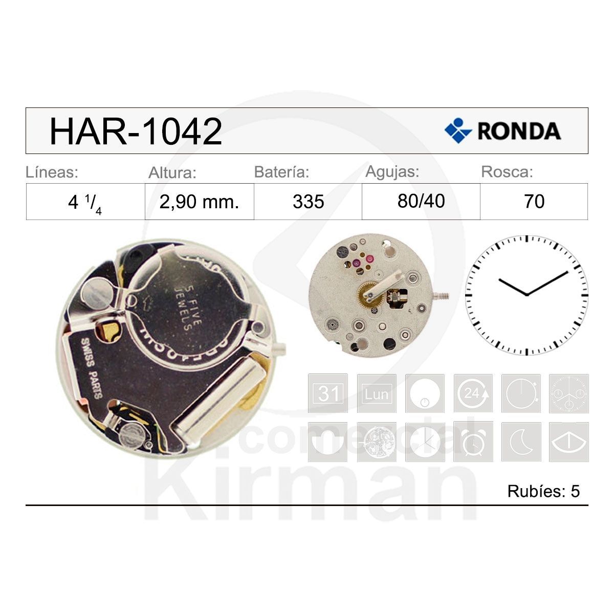 Movimiento Reloj Ronda Cuarzo HAR-1042 Dos Agujas